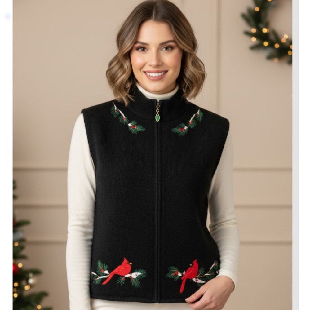 Vintage Timberlea Wool Vest Cardinal Embroidery Christmas Holiday Womens M